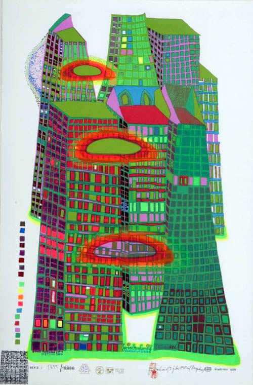 Hundertwasser - Good Morning City - Bleeding Town - series I - 1969 color screenprint